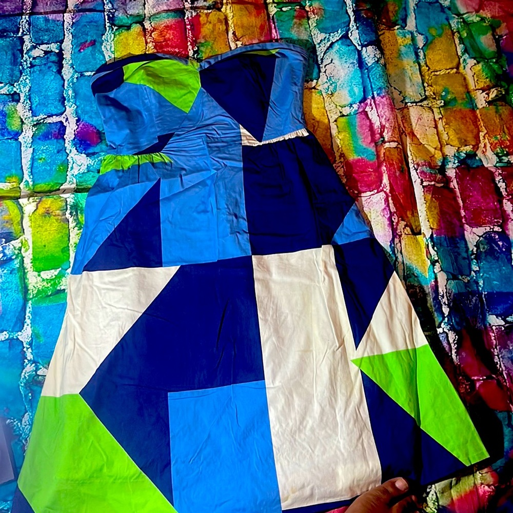 Maeve blue green white geometric strapless dress size 6